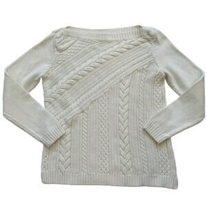 Talbots Neutral/Ivory Cotton Cable Knit Boat / Bateau Neck Sweater, Size MP